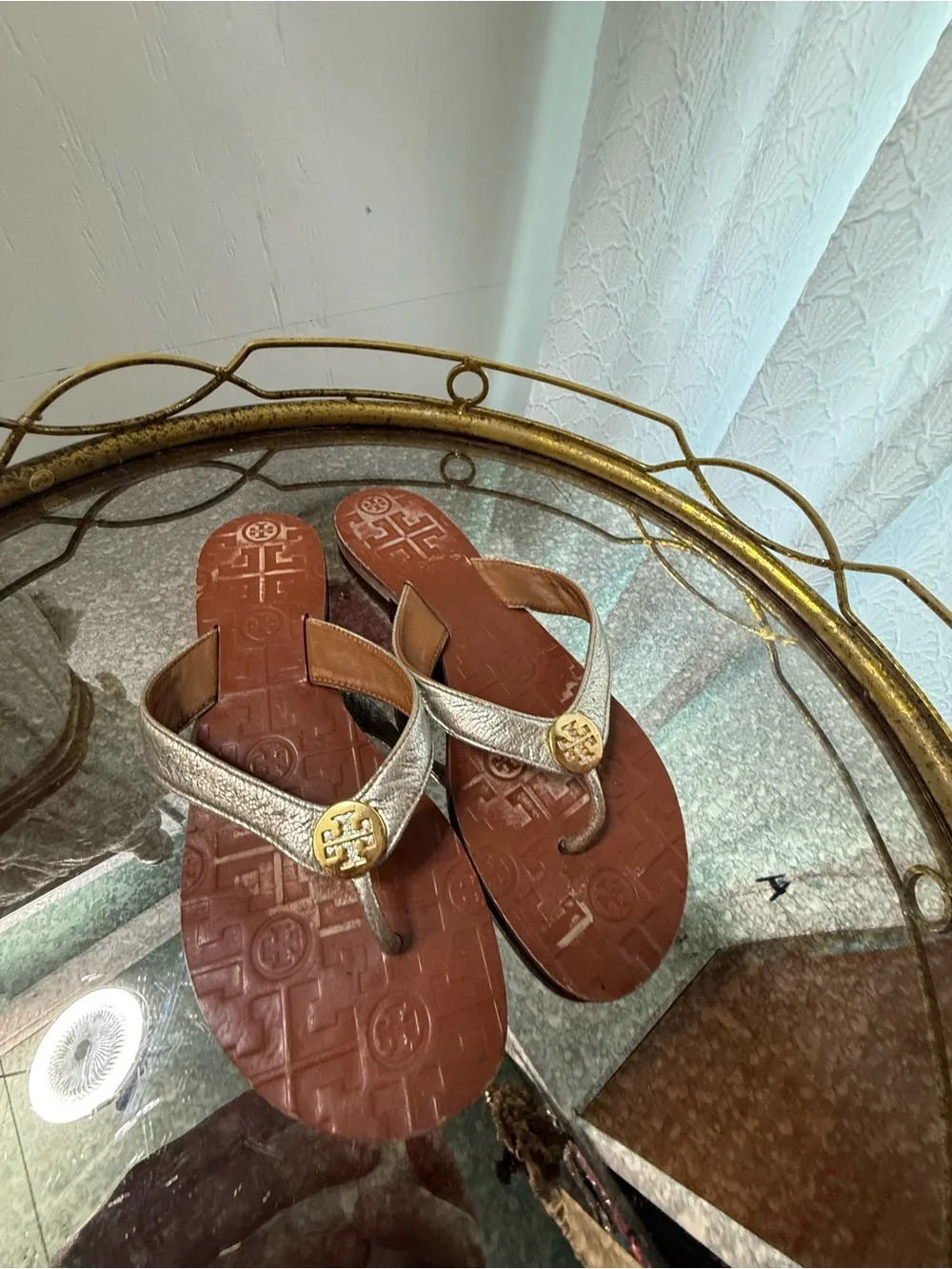 Tory Burch Metallic Gold Miller Thong Sandals with Brown Footbed